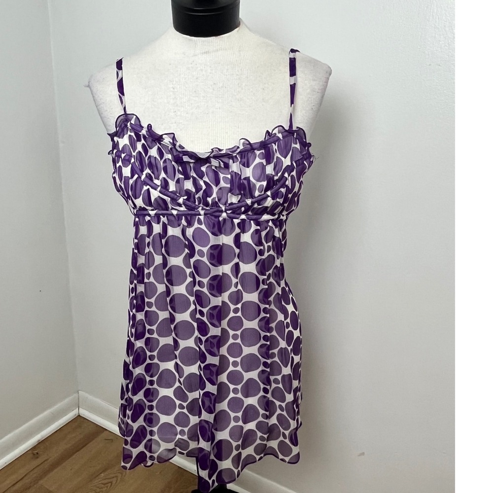Y2K Silk Purple Polka Dot Chiffon Ruffle Babydoll Top 12 Vintage Comisole INC‎